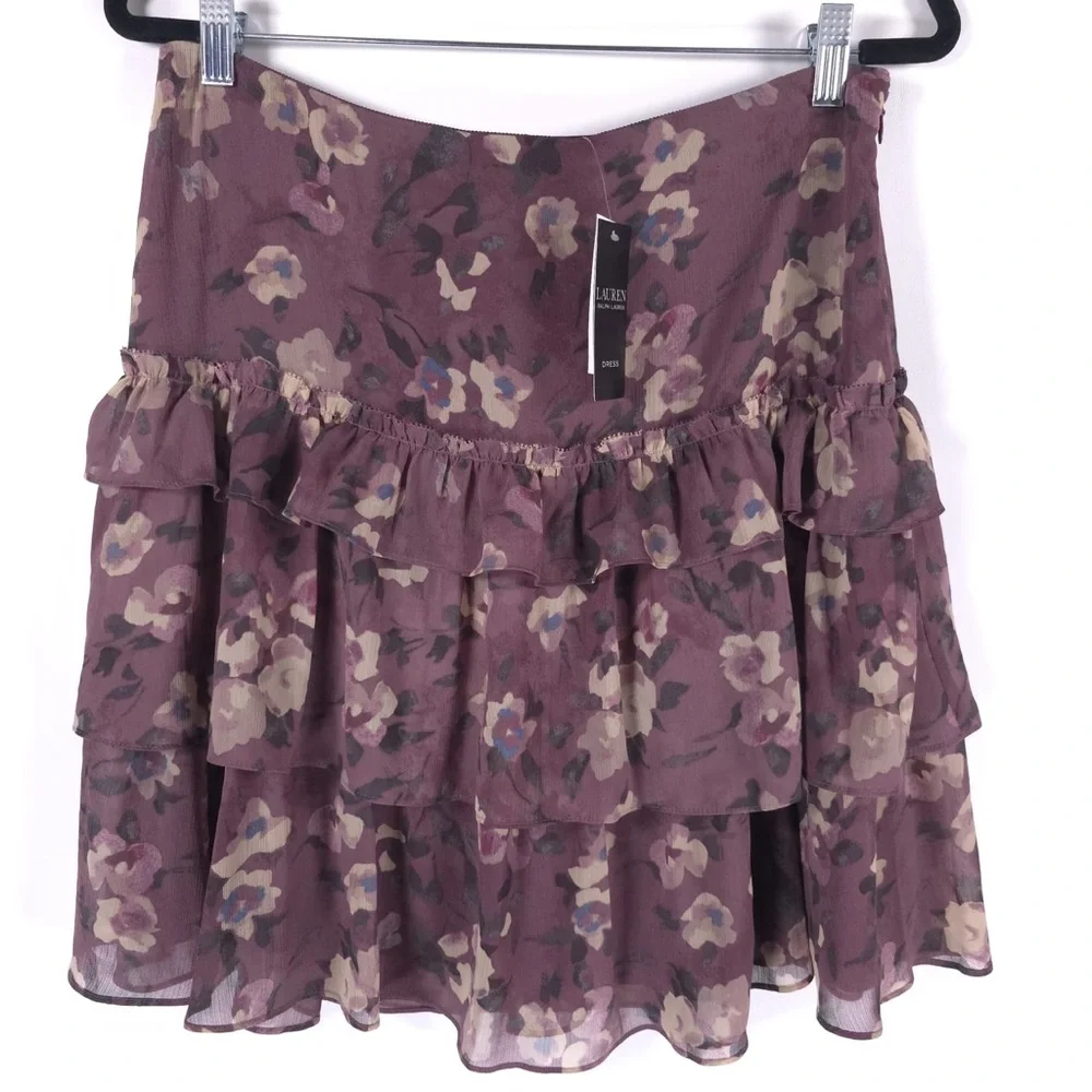 NWT LAUREN RALPH LAUREN Floral Crinkle Georgette Miniskirt‎ Purple Multi Size 8